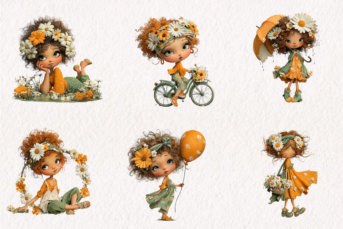 Whimsical Daisy Girls Clipart, a Seasonal Illustration by CreationArt (Photo 4 of 7)