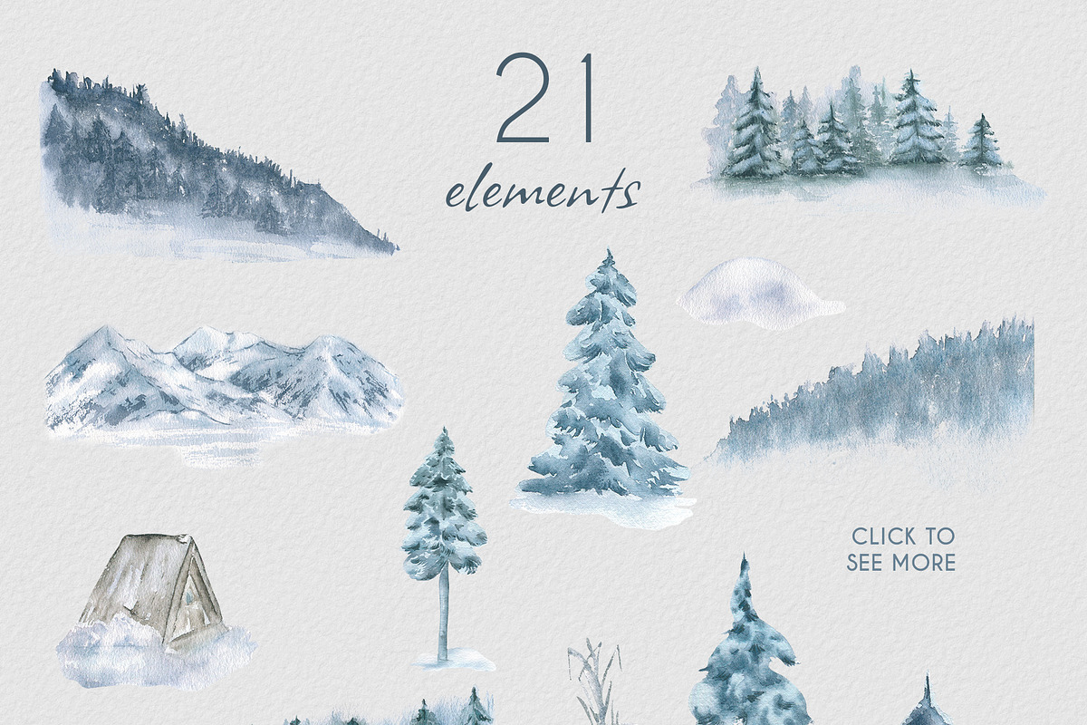 Winter landscape watercolor clipart, an Illustration by Kate Lanbina (Photo 3 of 12)
