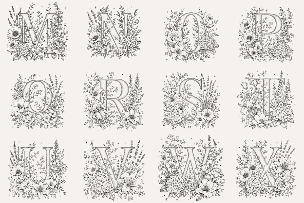 Floral Alphabet Botanical Line Art, a Decorative Illustration by AW Studios (Photo 3 of 6)