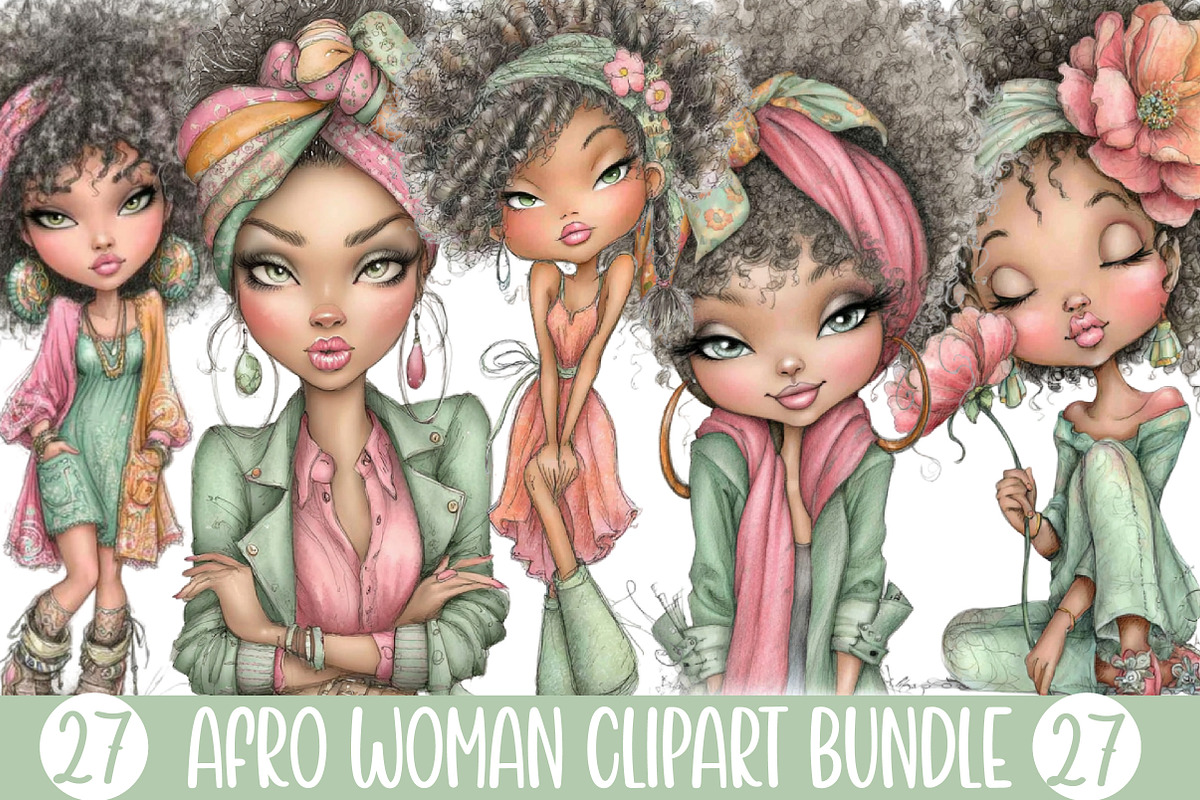 Afro Woman Clipart Bundle, an Illustration by Designking (Photo 1 of 5)