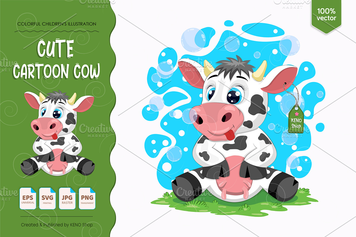 Cute cartoon cow. Tshirt, PNG., an Animal Illustration by KENO Mascots (Photo 1 of 4)