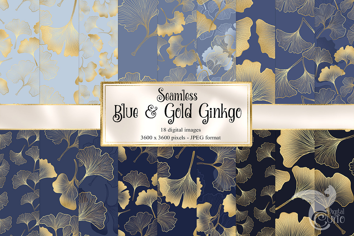 Blue & Gold Ginkgo Digital Paper, a Pattern Graphic by Digital Curio (Photo 1 of 5)