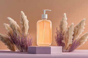 Amber liquid soap bottle on pink pod, a Photo by Pixeness Studio