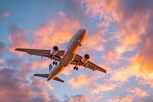Plane soars gracefully through the colorful sky at sunset, a Transportation Photo by AlyaAnd
