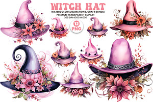 Watercolor Pink Witch Hat PNG Bundle