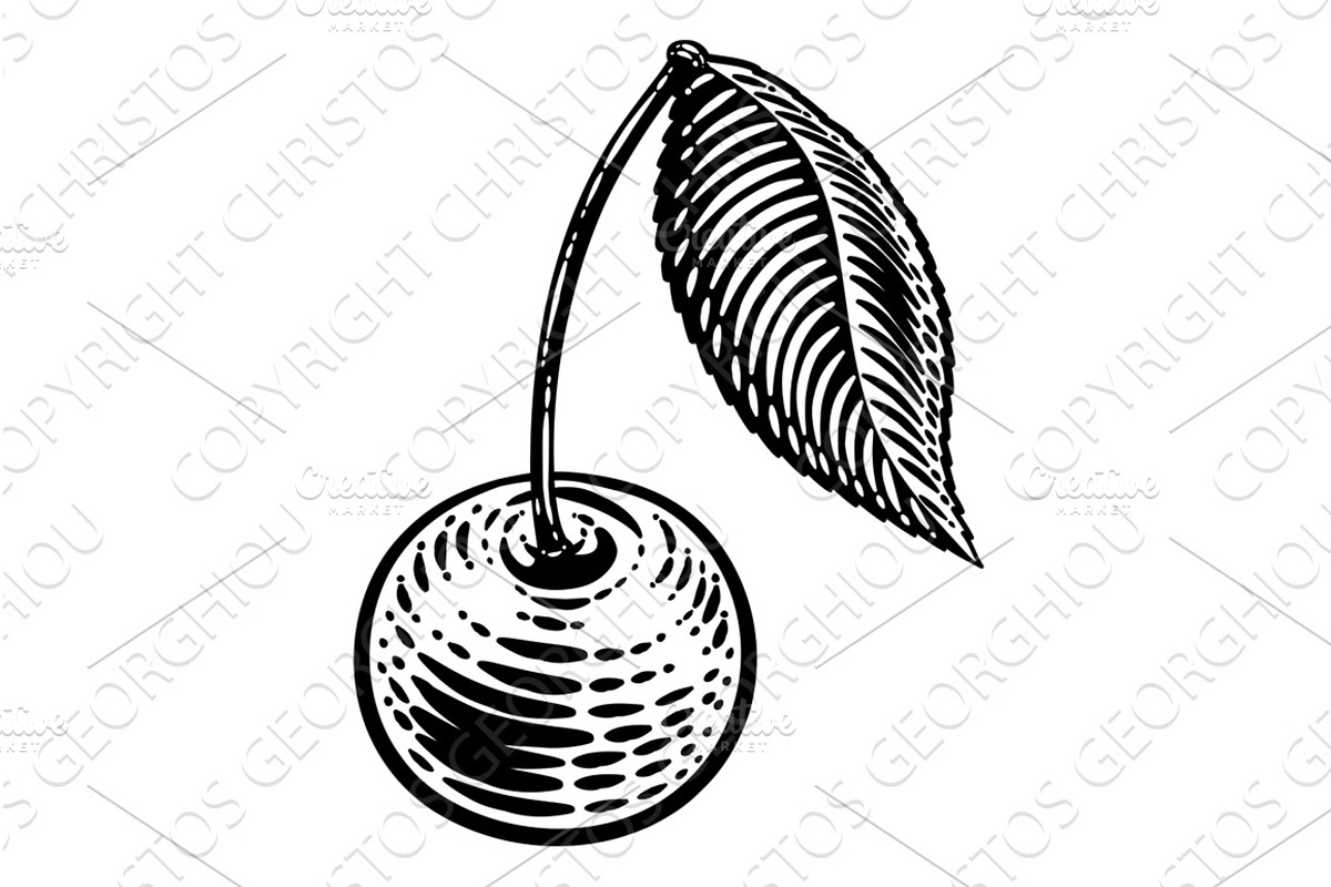 Cherry Berry Fruit Vintage Woodcut, an Object Illustration by Christos Georghiou