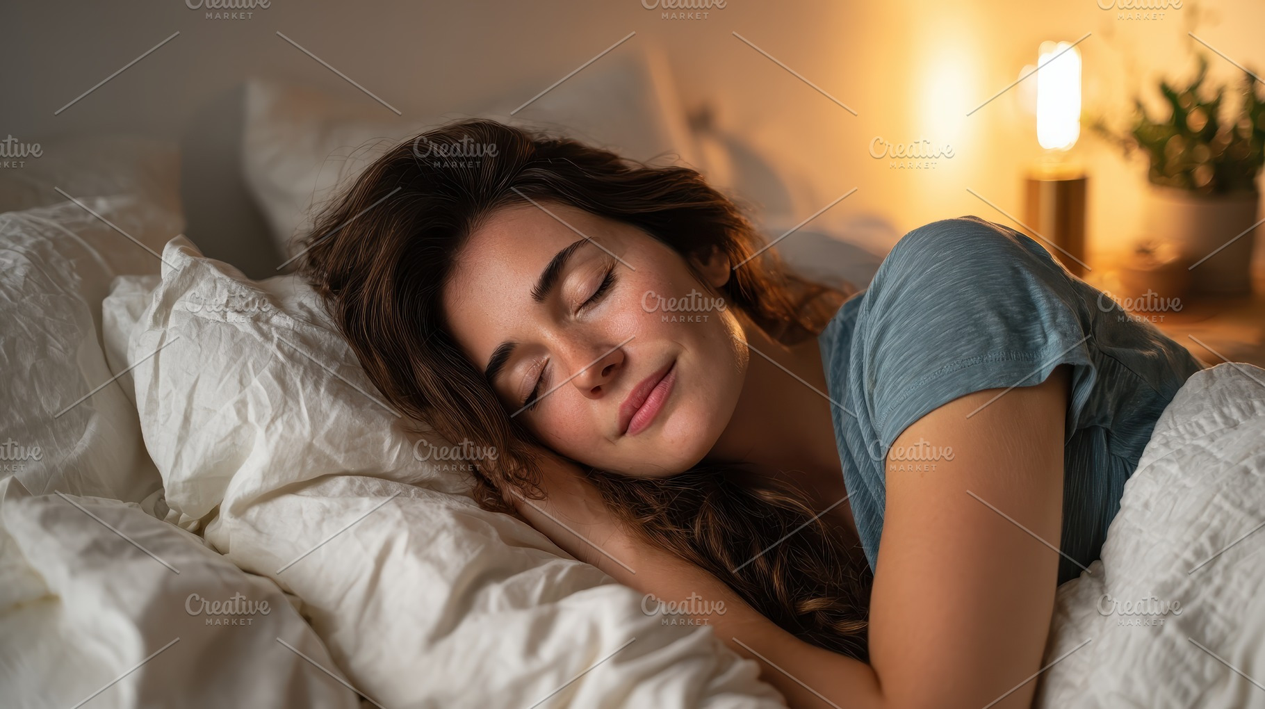 Woman sleeping peacefully in bed sof, a Photo by Pixeness Studio
