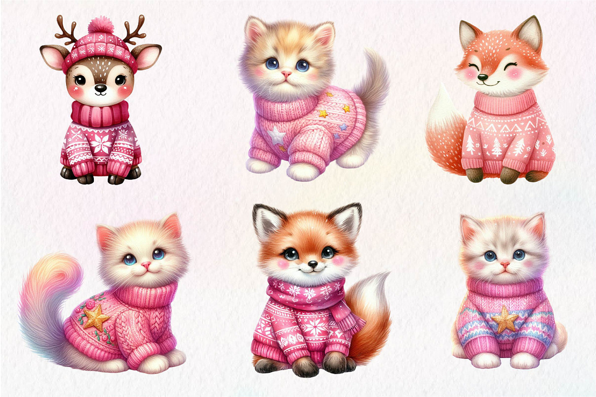 Pink Animals Christmas Clipart, an Illustration by Dream Creation (Photo 5 of 7)