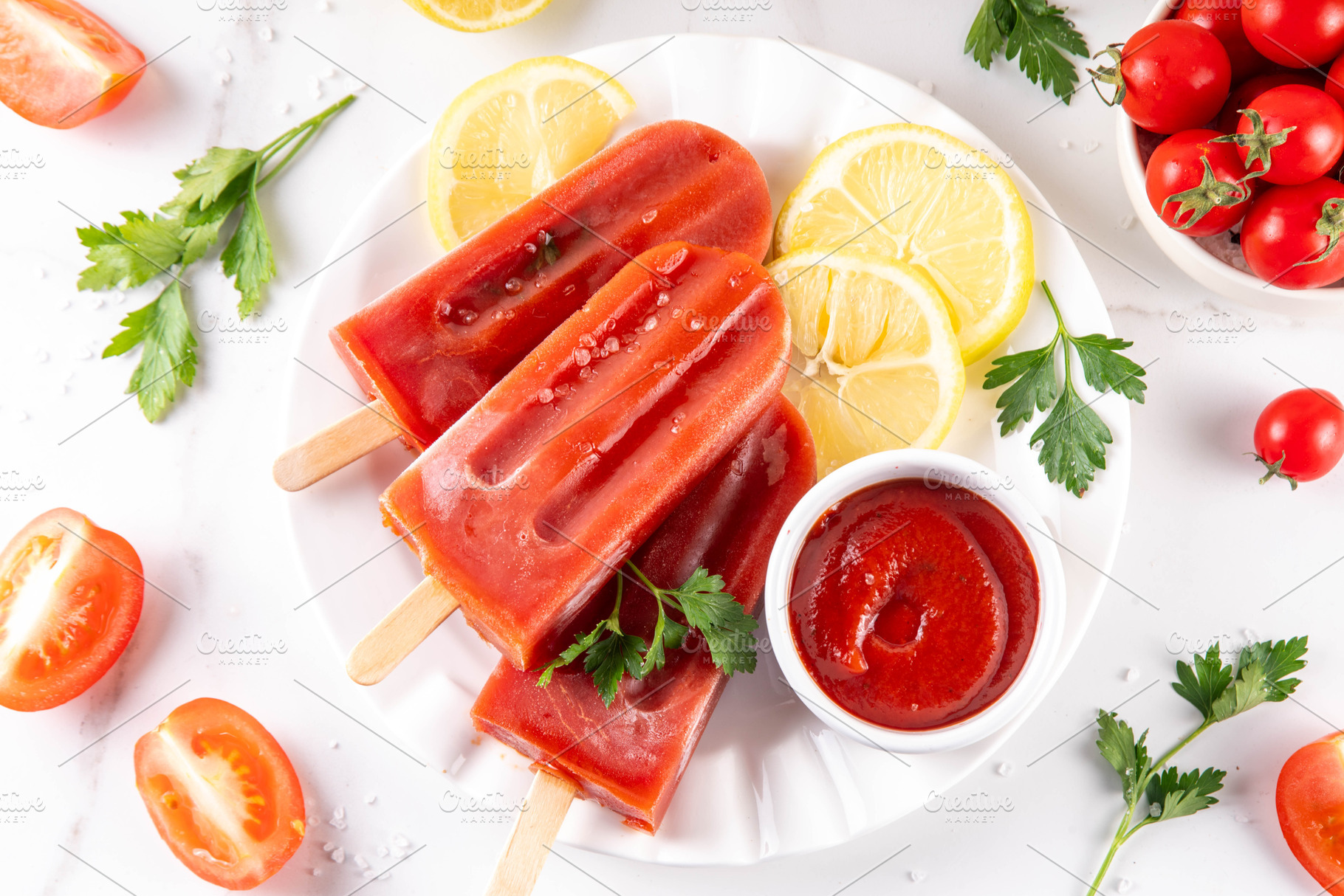 Ketchup ice cream lollies, spice tomato popsicles on sticks, a Food & Drink Photo by Rimma