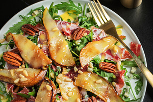 Salad with Pear, Arugula, Jamon, Blue Cheese and Blueberry, Delicious Fresh Sal