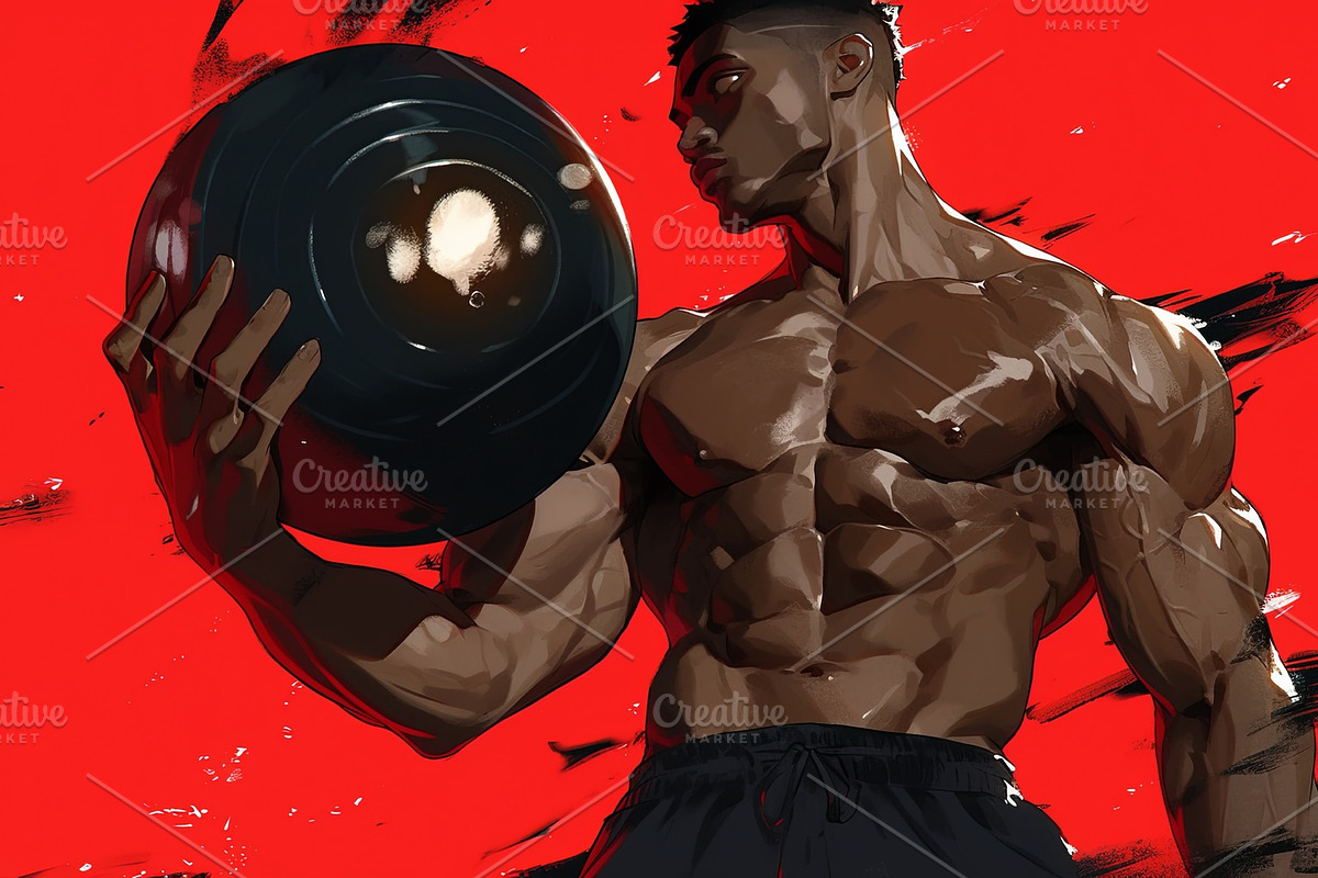 Muscular athlete holding a weight ball on bold red artistic background, an Illustration by AS photostudio