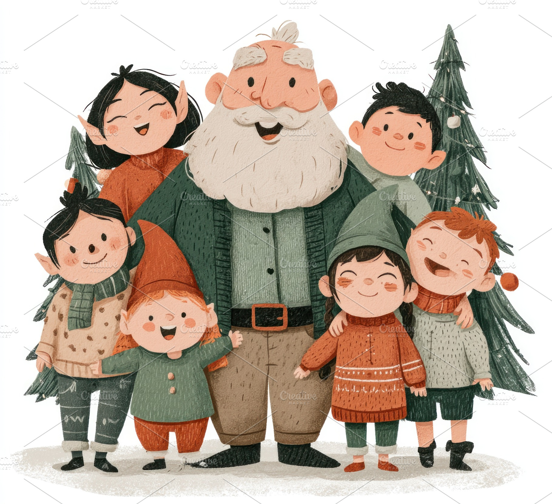 Santa Claus with elves and children posing in snowy forest durin, a Person Photo by José Manuel Gelpi