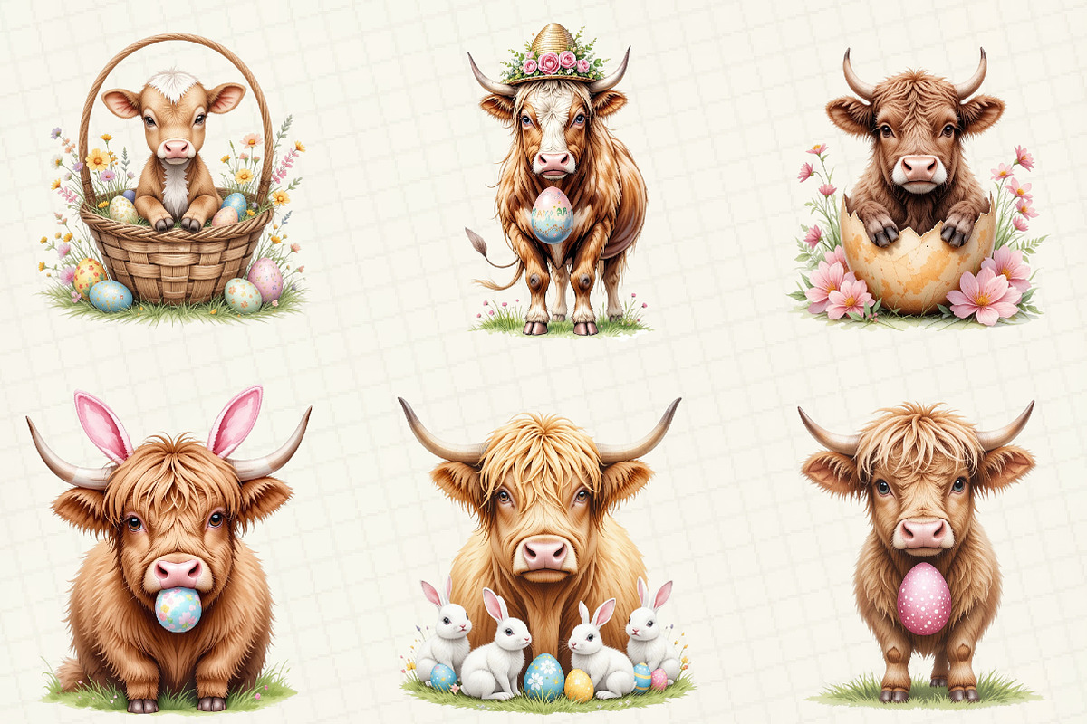 Easter Highland Cow Clipart, an Illustration by OK Design (Photo 2 of 5)