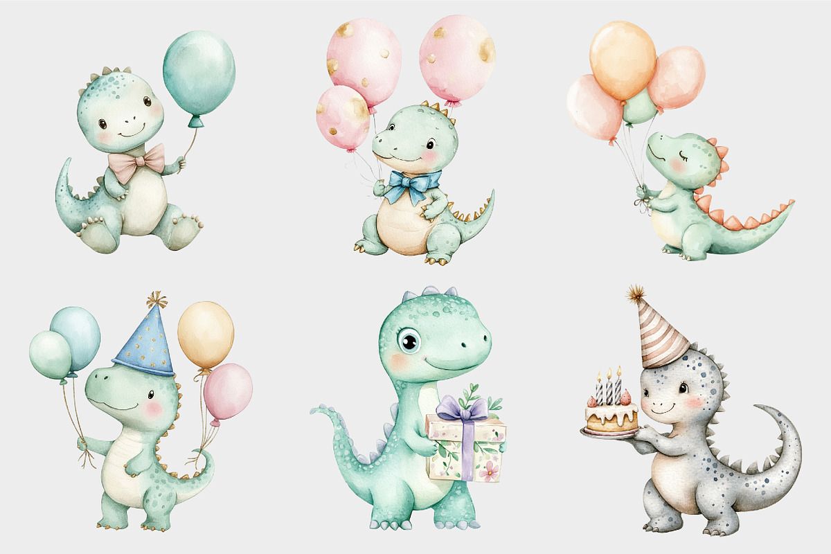 Watercolor Dino Birthday Clipart, a Seasonal Illustration by Design Market (Photo 5 of 5)