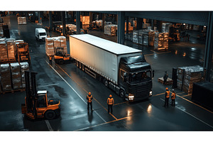 A logistics warehouse with workers, a Transportation Illustration by Sergey Kotenev