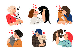 Women love dogs and cats. Girls hug, an Animal Illustration by Stock-Smart-Start
