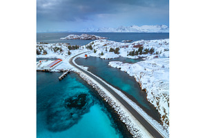Aerial view of road, island in snow, an Architecture Photo by den-belitsky