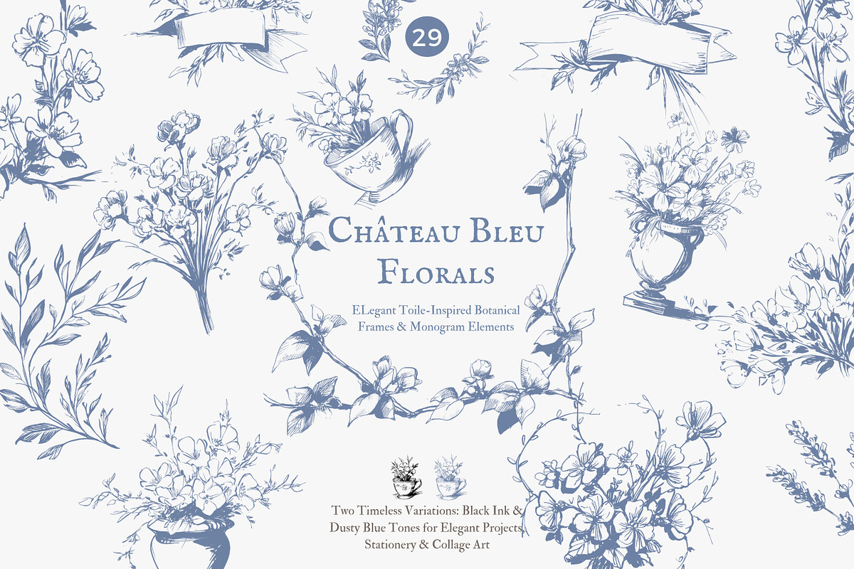 Blue toile floral monogram frames, a Decorative Illustration by Patishop Art (Photo 1 of 9)