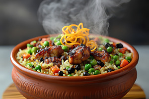 Clay bowl of biryani with colorful r, a Food & Drink Photo by Pixeness Studio