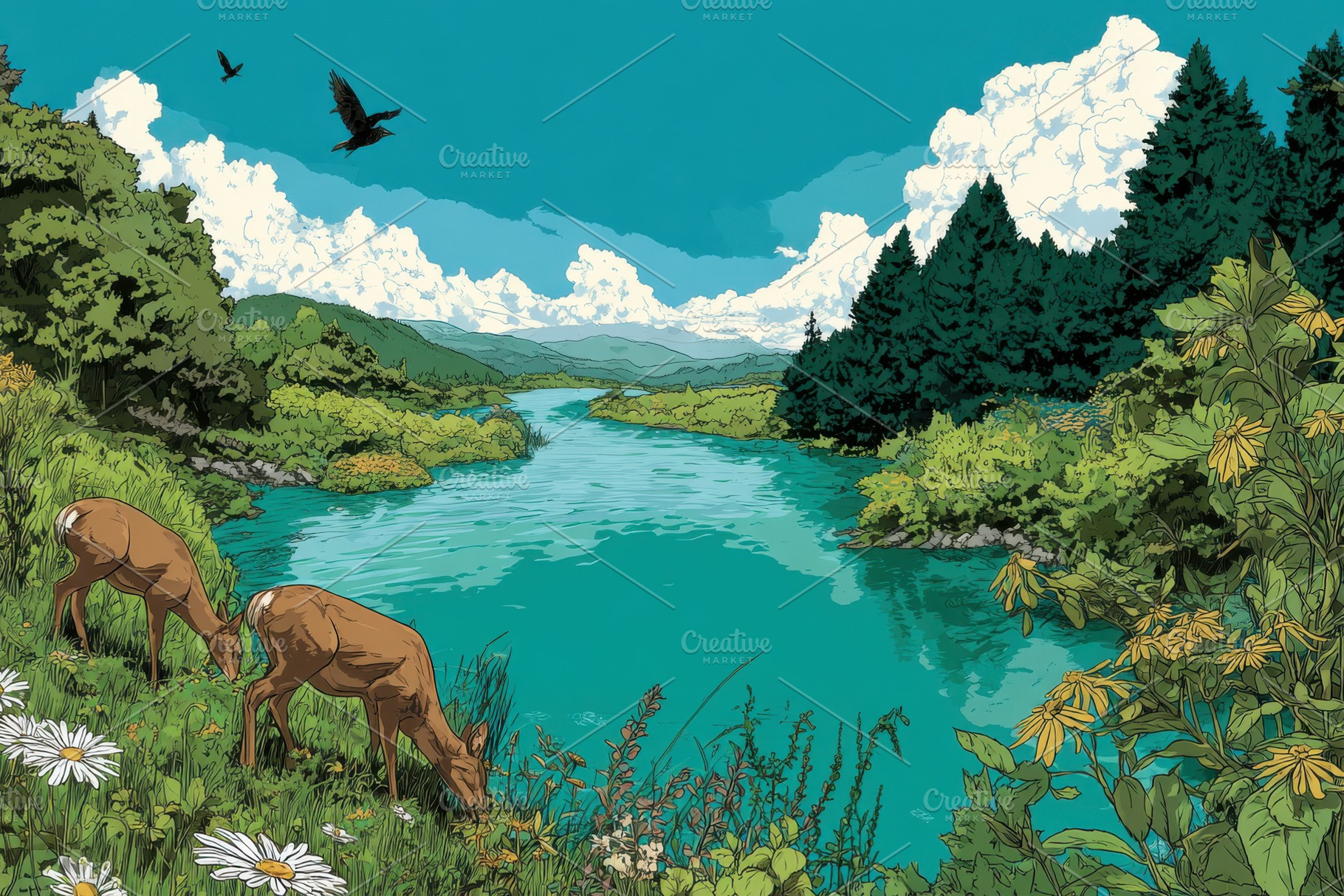 Deer by a River in a Scenic Landscap, a Photo by Pixeness Studio