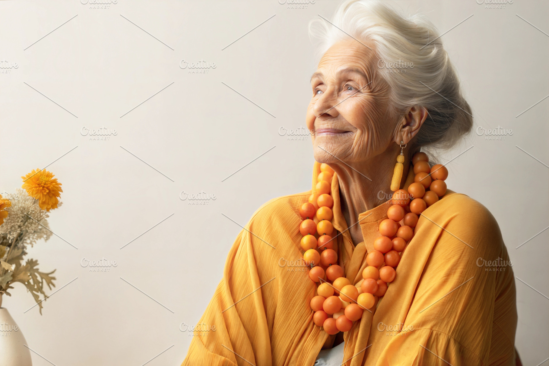 Elegant elderly woman in orange attire and necklace, smiling gracefully., a Person Photo by ImageMir
