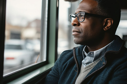 Photo of middle-aged man looking out