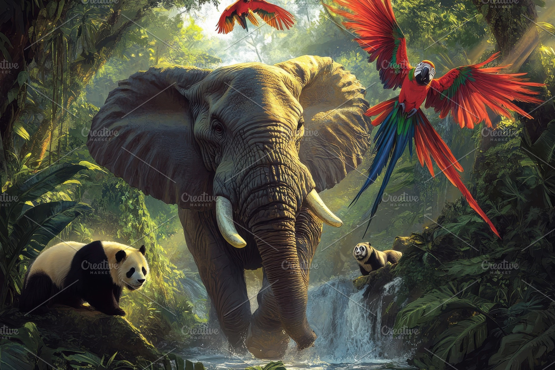 Elephant Panda and Macaws in Lush Ju, a Photo by Pixeness Studio