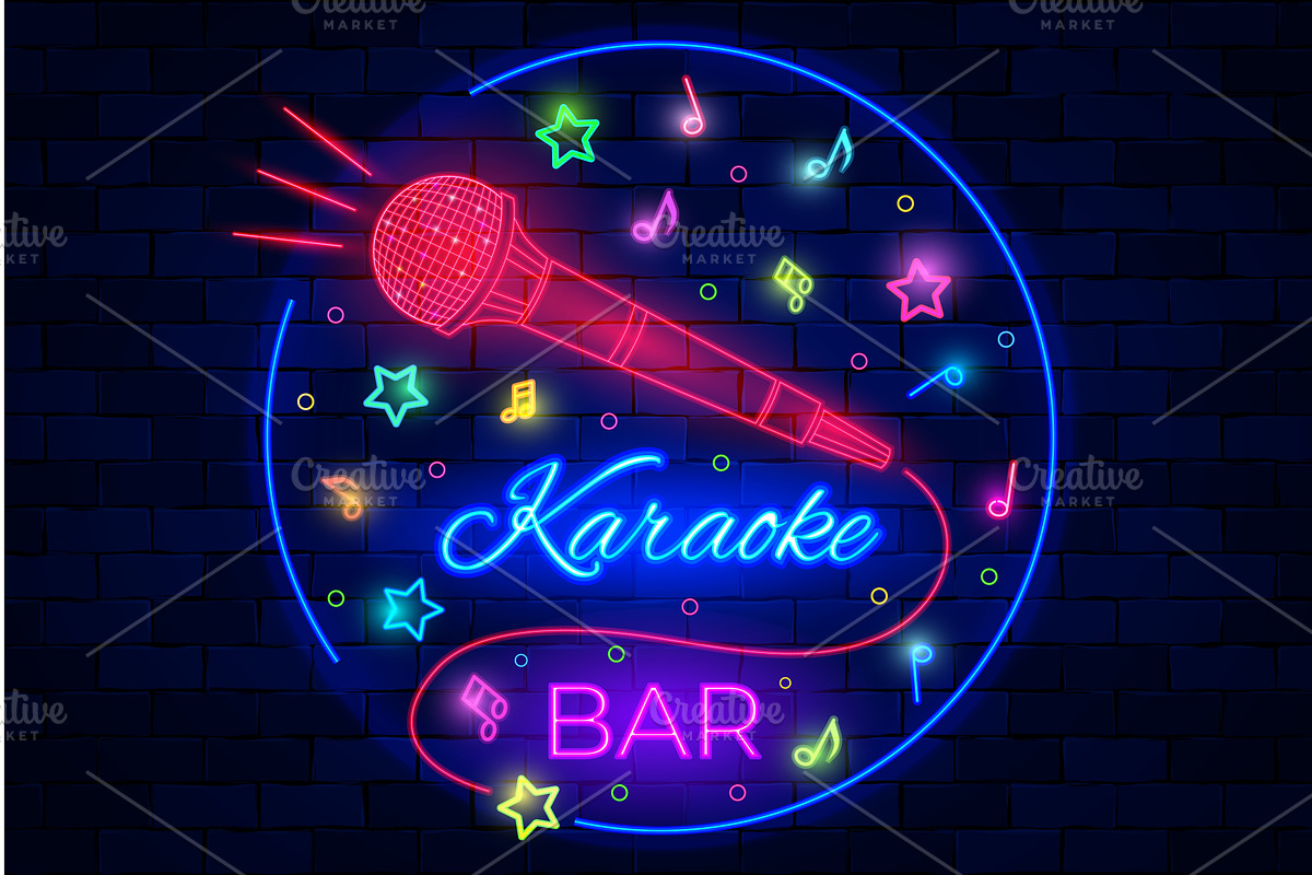 Karaoke bar neon illuminated logo, an Illustration by studioworkstock