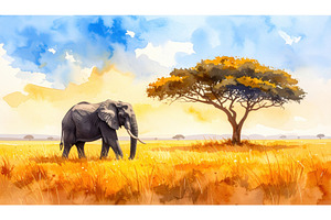 Elephant in golden savannah next to, an Animal Photo by Igor Tichonow