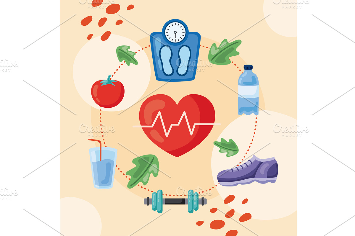 healthy lifestyle icons around, a Healthcare Illustration by studiogstock