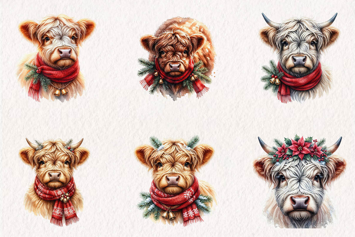 Christmas Highland Cow PNG Bundle, a Seasonal Illustration by CreationArt (Photo 4 of 7)