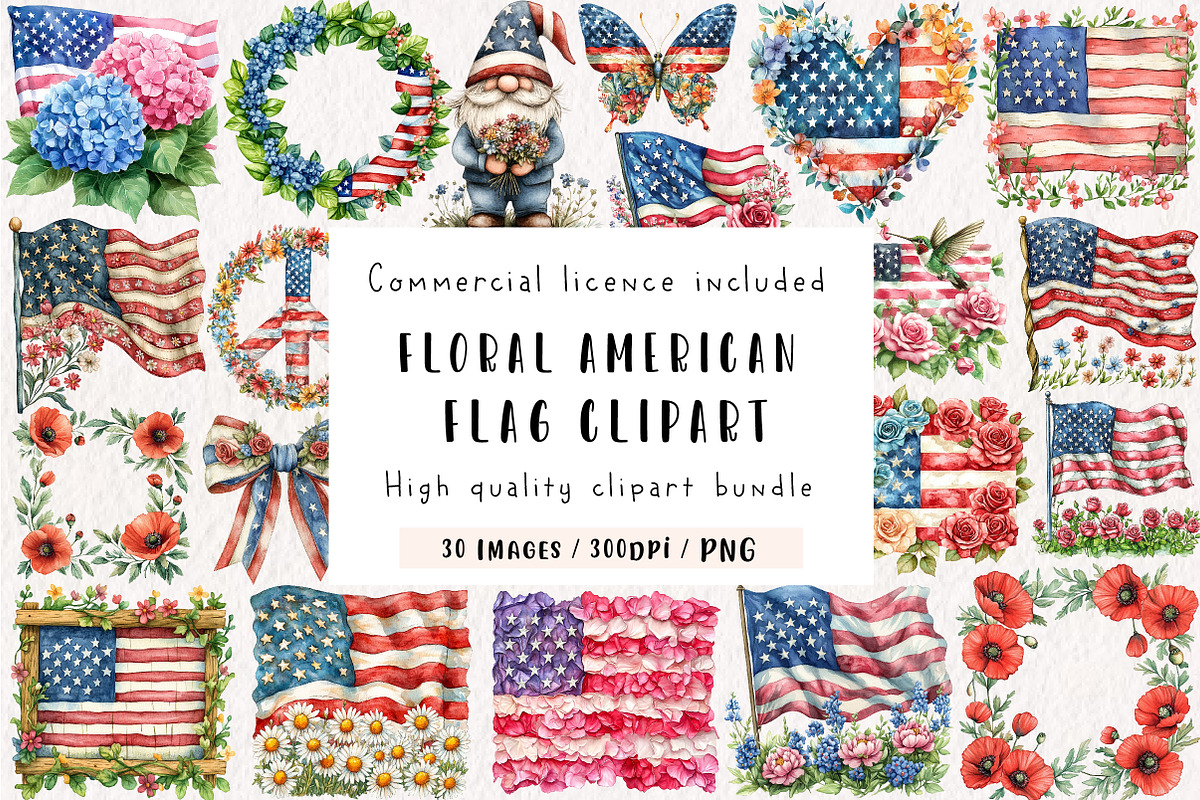 Floral American Flag Clipart, an Illustration by CreationArt (Photo 1 of 9)