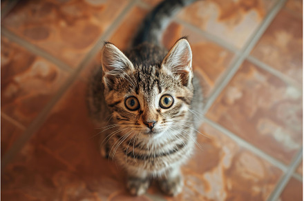 Curious tabby kitten looking up with, an Animal Photo by Lermont51