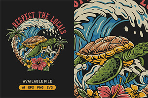 Turtle Surfing on Beach Waves Vector