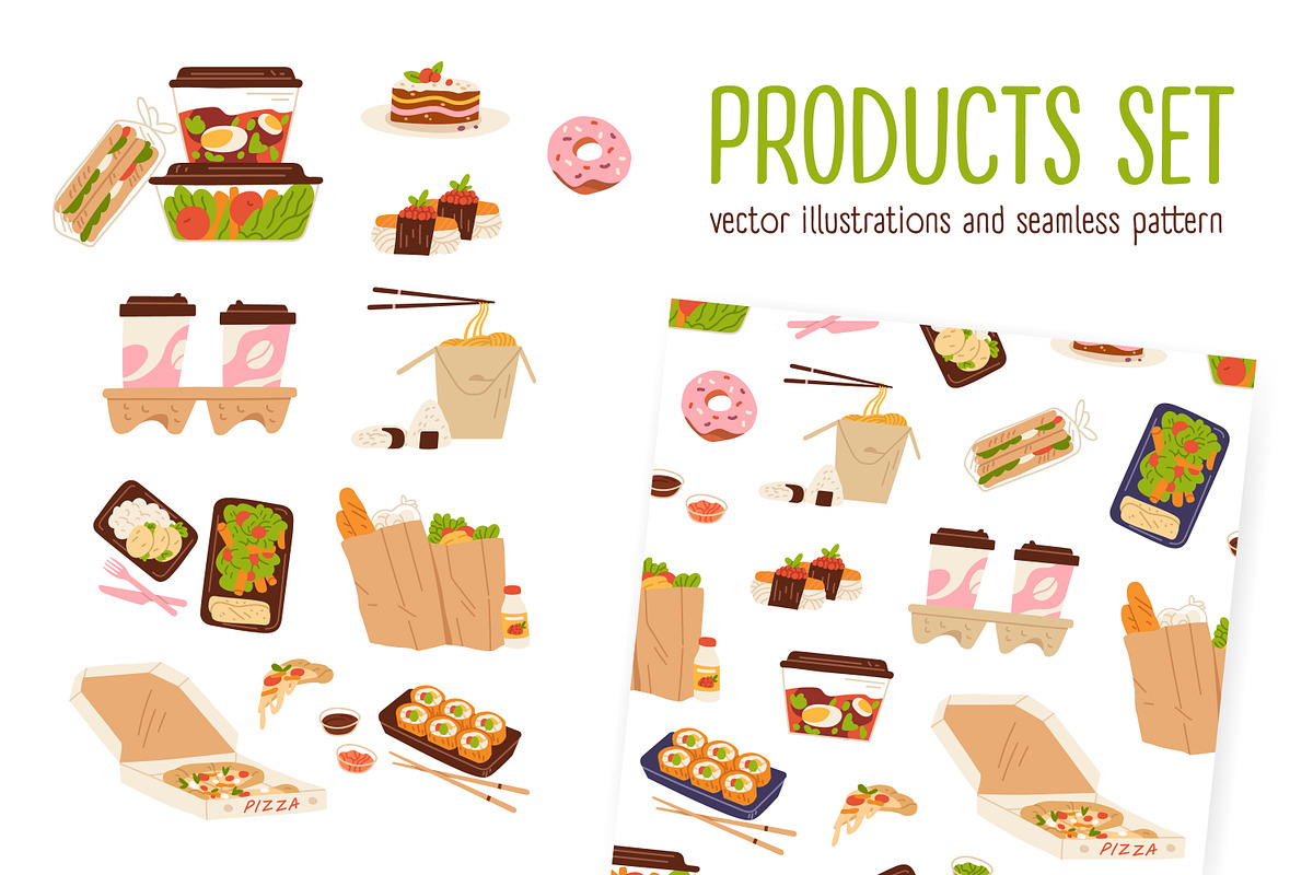 Takeaway food set & seamless pattern, a Food Illustration by Good Studio (Photo 1 of 5)