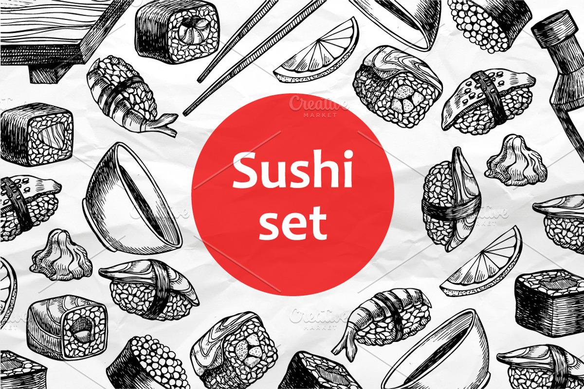 Sushi Set. Hand Drawn Illustrations, a Graphic by Epine (Photo 1 of 3)