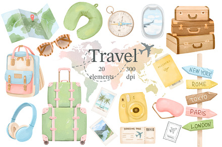 Travel Watercolor Clipart, an Object Illustration by ArtGiftsStudio