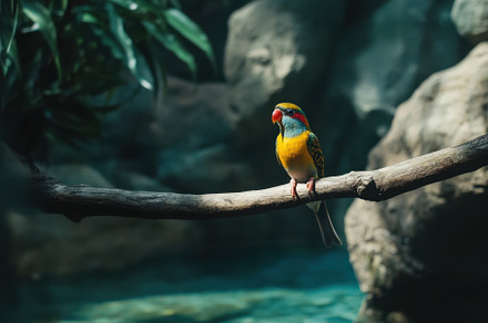 Gouldian finch perched on a branch i, a Photo by Iftikhar Alam
