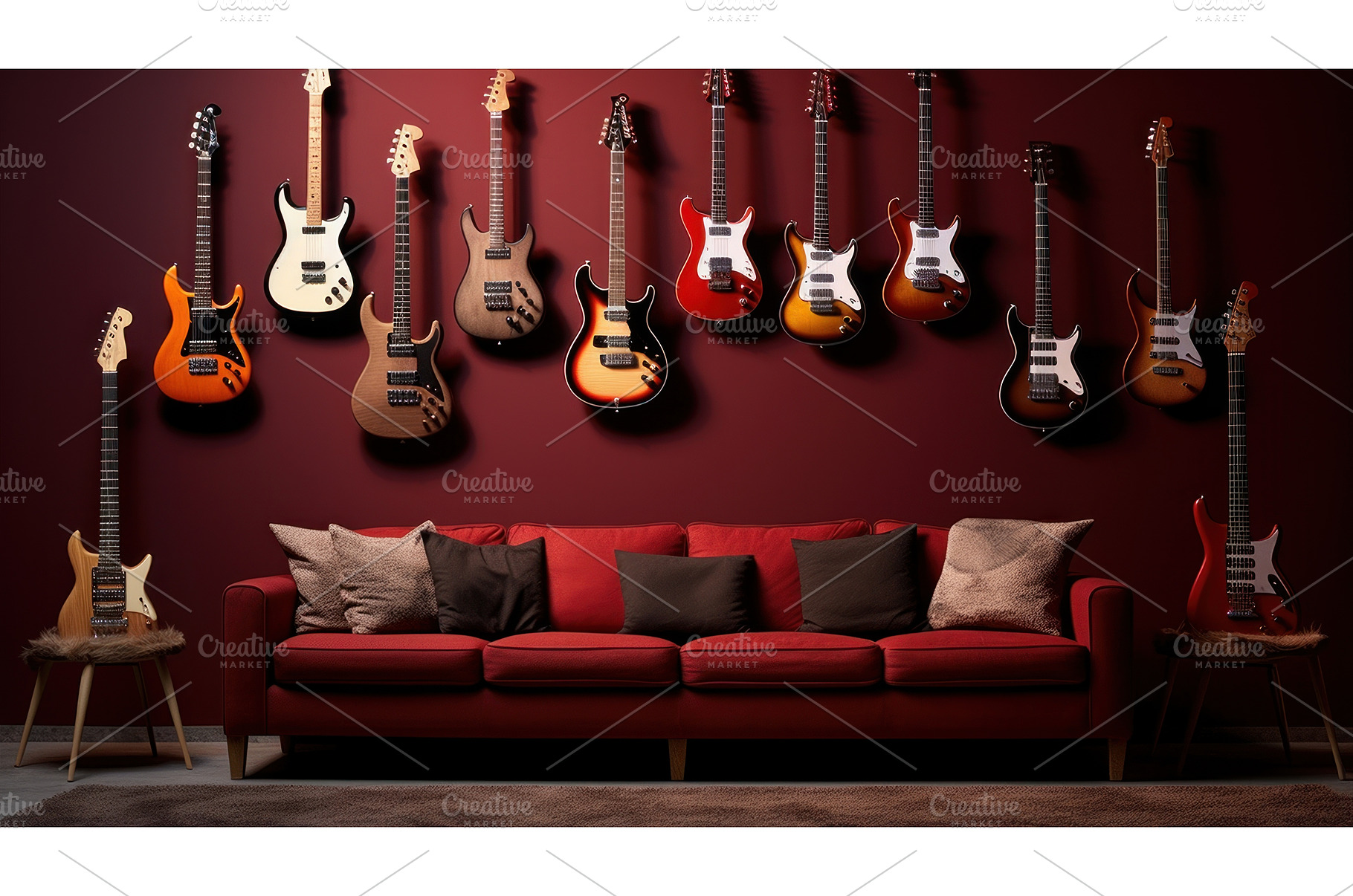 Electric guitars are displayed in a, an Arts & Entertainment Photo by Alena Stoyko design