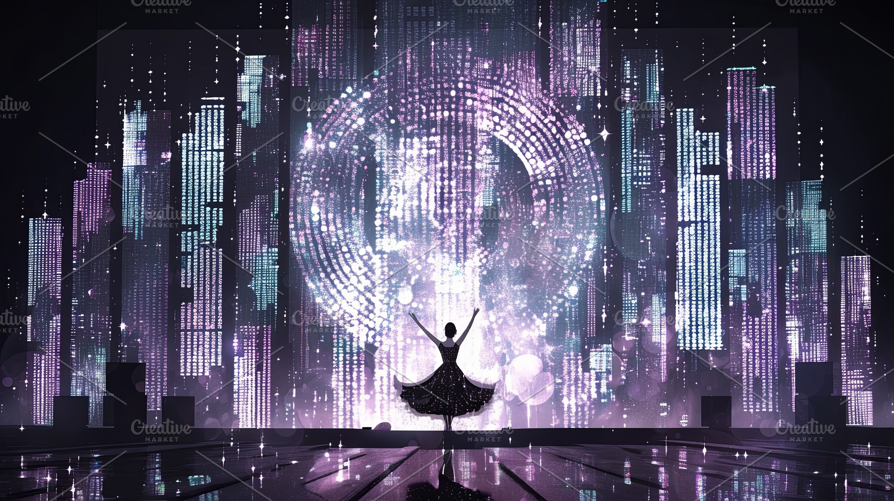 Elegant dancer performing on a futuristic stage with glowing vibrant cityscape, a Photo by AS photostudio