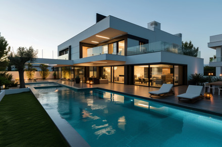 Contemporary Home with Pool and Outdoor Living Space at Dusk, an Abstract Photo by Natalia Klenova's Shop