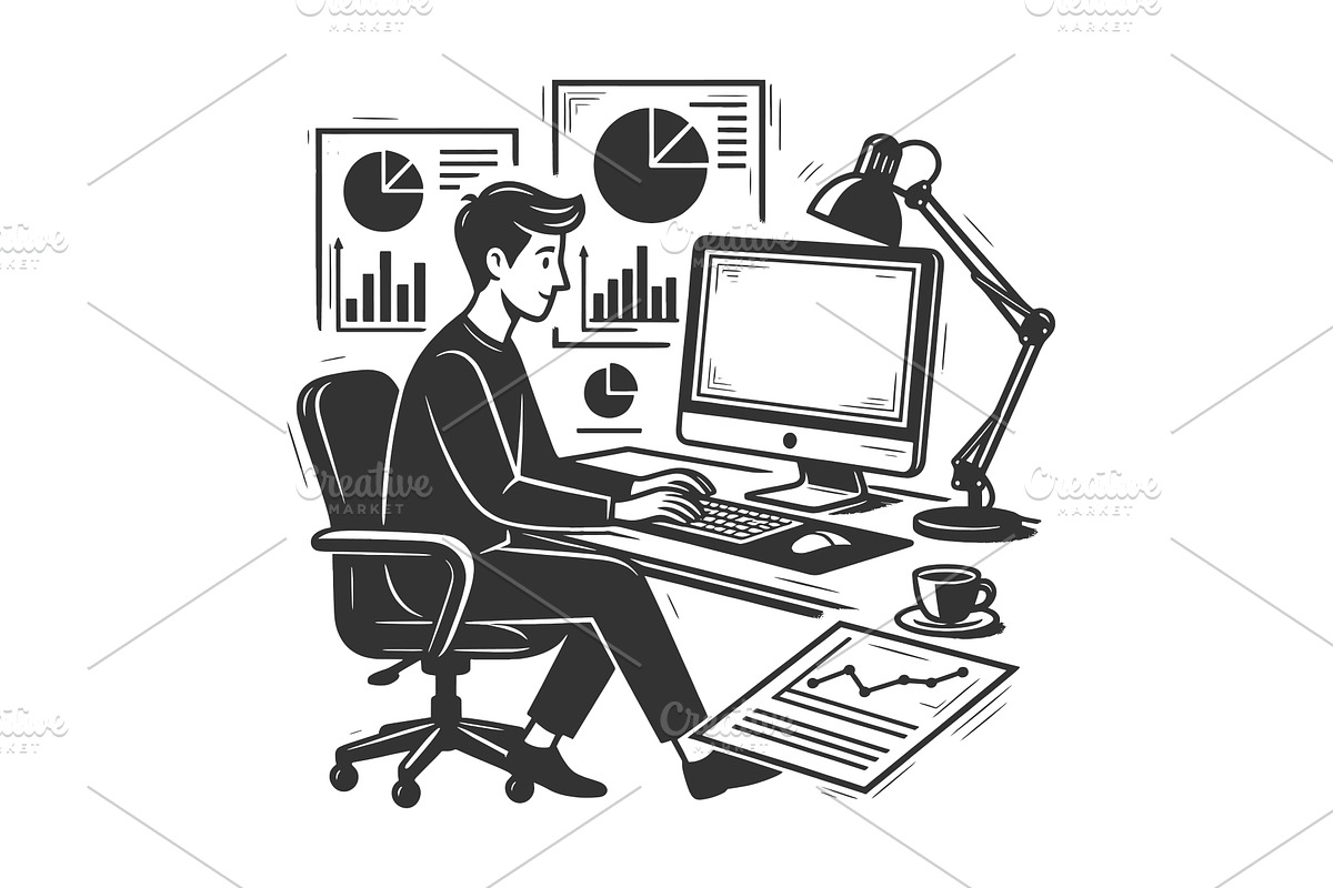 Business Analyst Working at Computer, a Person Illustration by AlexArt