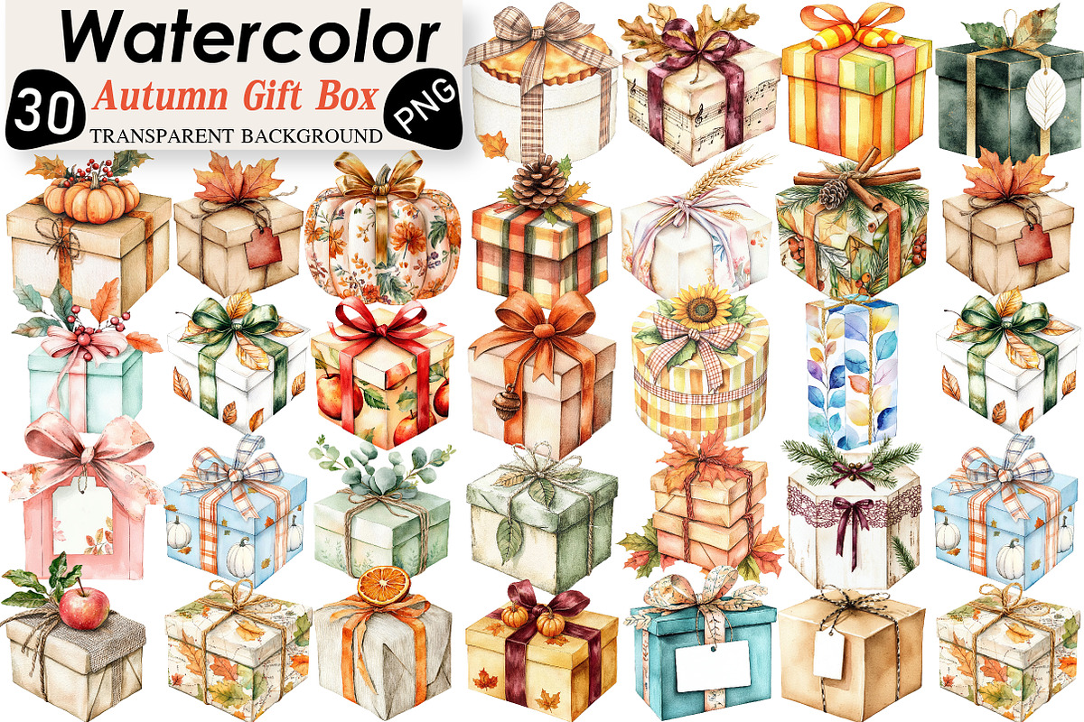 Watercolor Autumn Gift Box Clipart, an Illustration by Black Bird Studio (Photo 1 of 6)