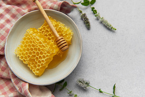 Honeycomb in bowl with honey dipper and fresh mint, a Food & Drink Photo by Olena Rudo