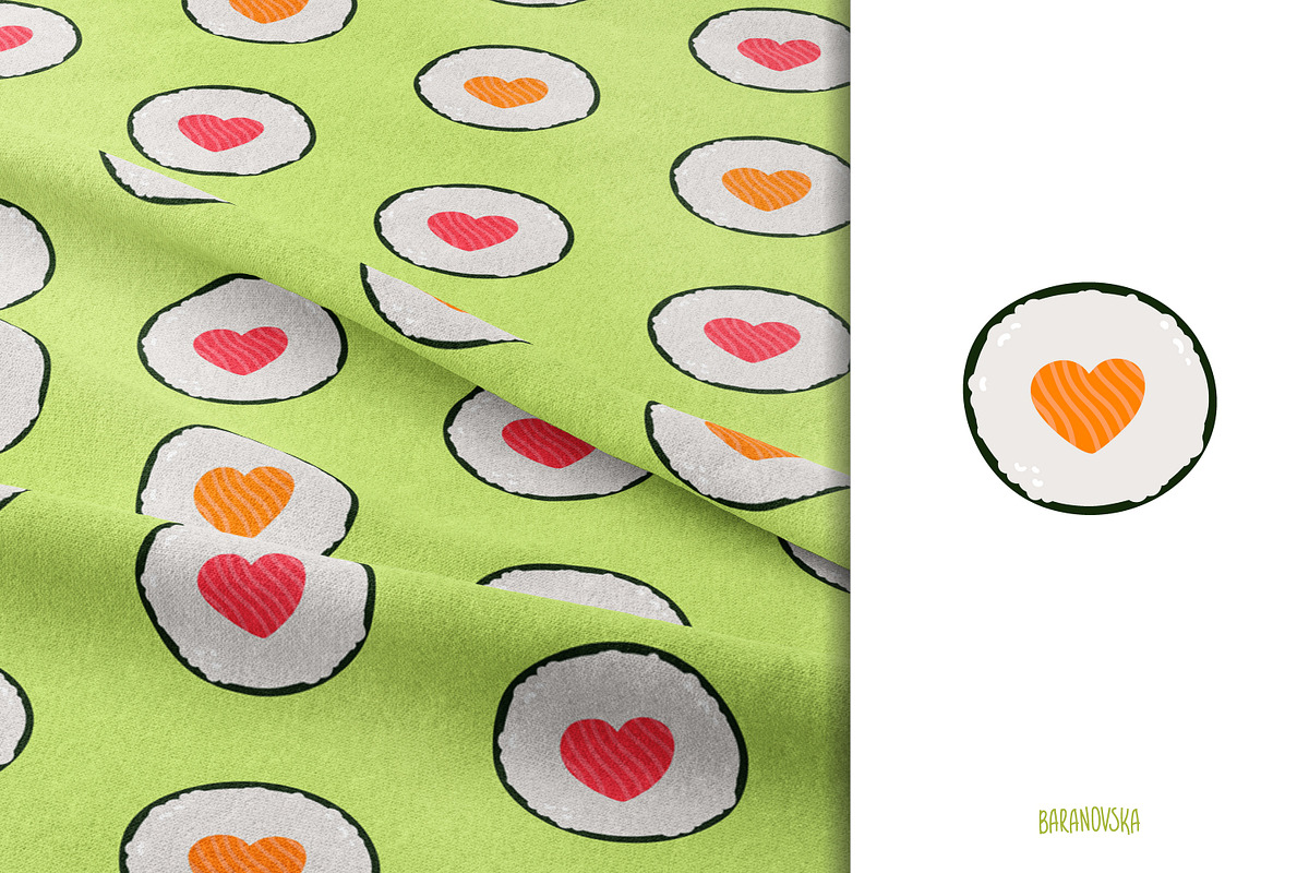 Kawaii sushi. Clipart & patterns, a Food Illustration by Baranovska (Photo 5 of 7)