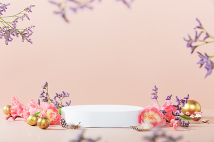 Empty round podium, easter gold eggs with spring tulip flowers o, a Holiday Photo by Natalia Klenova's Shop