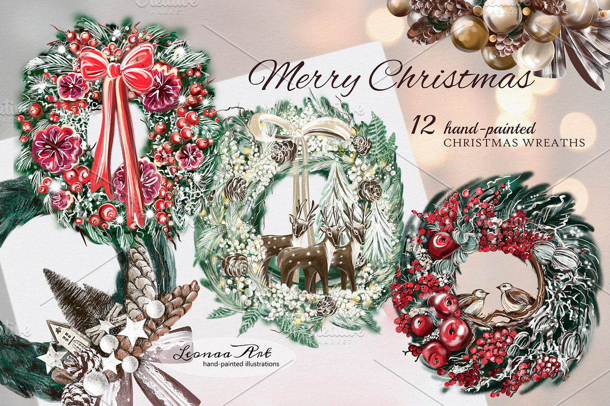 Merry Christmas Wreaths Clipart Set, a Seasonal Illustration by Leonaa art (Photo 1 of 21)