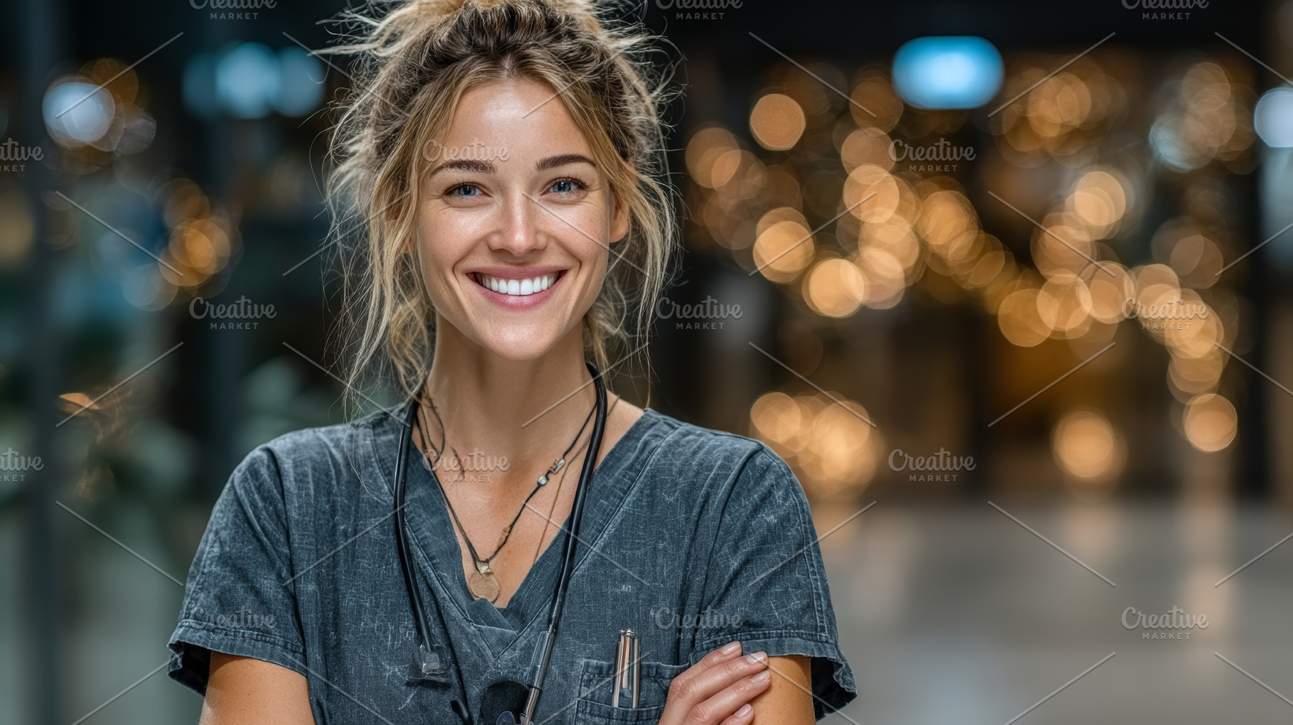 Smiling female doctor in scrubs with stethoscope in modern well-lit environment, a Health & Medical Photo by AS photostudio