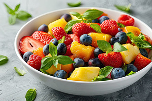 Fresh fruit and vegetable salad in a, a Photo by LOGOCREATIVE
