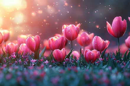Pink tulips blooming in a dreamy spring meadow at sunset with gl, a Nature Photo by José Manuel Gelpi